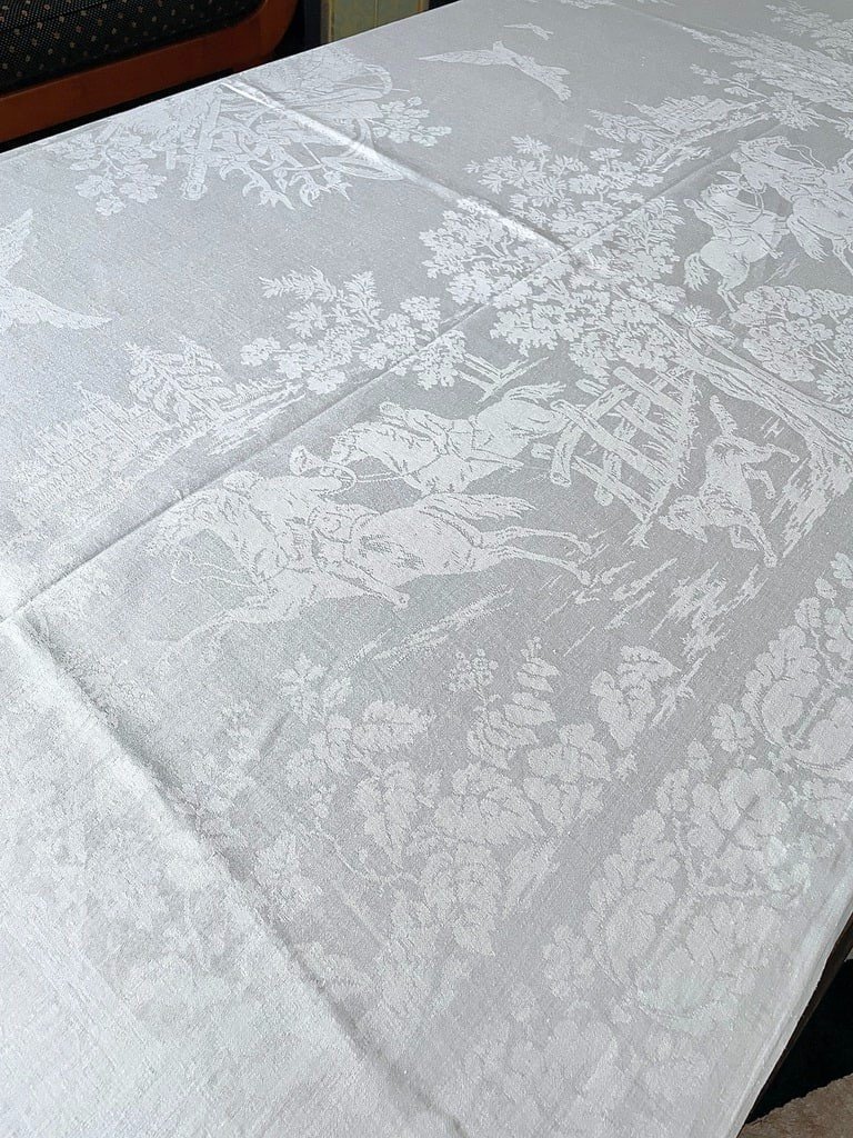 Hunting On Historical Damask Linen Table Service - Tablecloth And 24 Napkins - 19th Century-photo-2