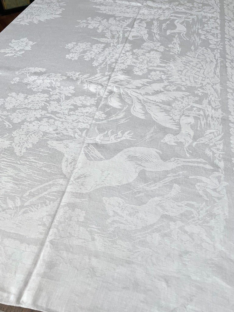 Hunting On Historical Damask Linen Table Service - Tablecloth And 24 Napkins - 19th Century-photo-7