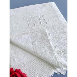 Old Wedding Blanket - Ga Initials - English Cotton Pique - Circa 1930-40