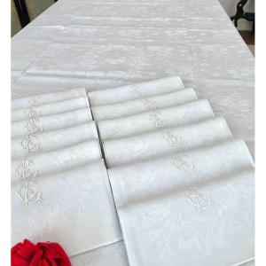 1 Tablecloth And 12 Damask Linen Napkins - Hand Embroidered Table Linen Lc - Late 19th Century 