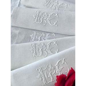 Five Damask Linen Napkins - Jc Monogram - Antique Table Linen