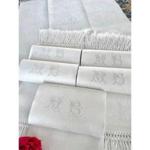 Guest Towels - Damask Linen Bath Linen - Mb Monogram - Late 19th Century