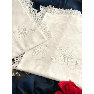 Pair Of Pillowcases - Cm Monogram - Damask Cotton - Crochet Lace - Late 19th Century