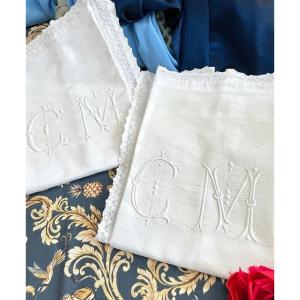 Pair Of Cm Marked Pillowcases - White Waffle Cotton - Late 19th Century 