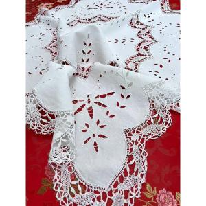 Pedestal Table Top - Table Centerpiece - Hand Embroidered Fine Linen - Bobbin Lace - Early 20th Century