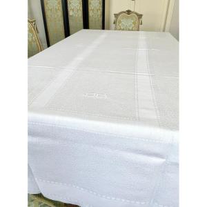 Grande Nappe de Service Brodée OB - Lin Damassé Granité - Période Art Déco - Linge Ancien