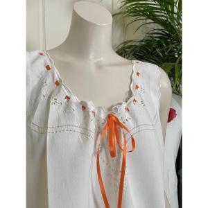 Chemise Ancienne Pour Dame - Linge de Jour en Fil de Lin et Ruban de Satin Double - Vers 1900
