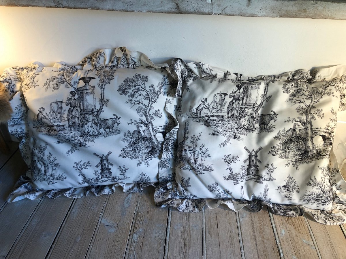 Pair Of Cushions In Toile De Jouy, Pastoral Scene