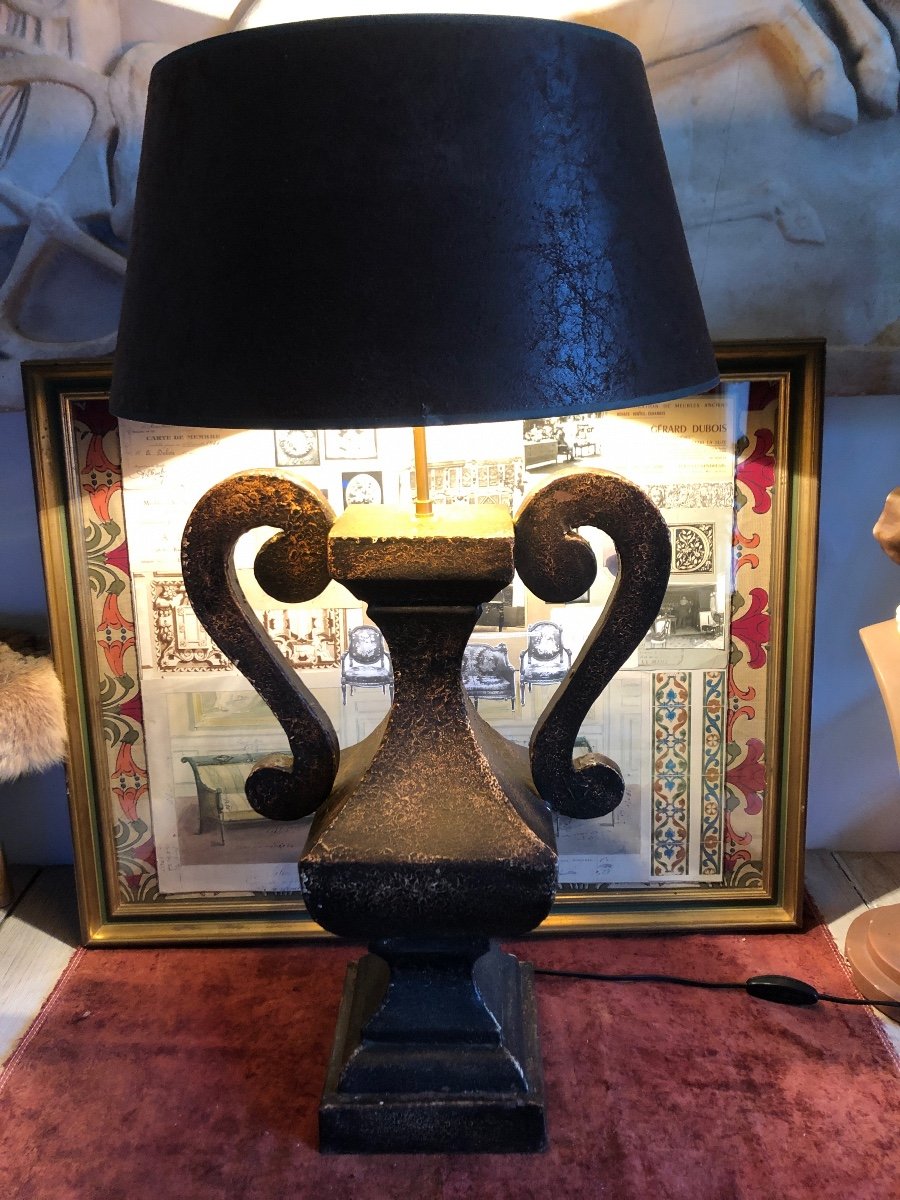 Large Ear Lamp, Bronze Shaped Metal, Leather Lampshade. Around 1980-photo-3