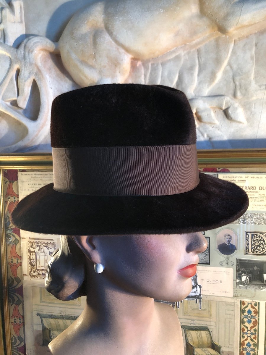 Chapeau En Taupe Marron Style Borsalino. Taille 54/55 -photo-2