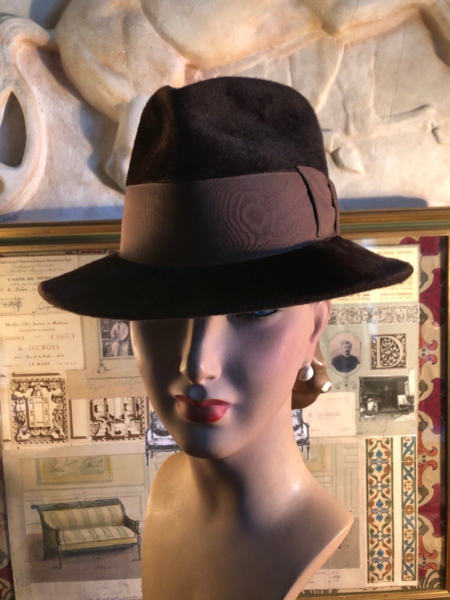 Chapeau En Taupe Marron Style Borsalino. Taille 54/55 -photo-3