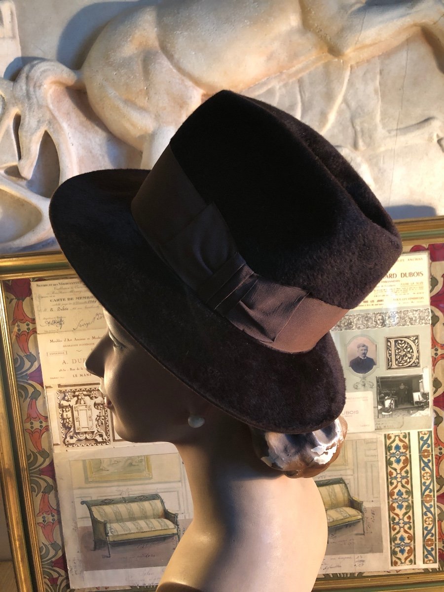 Chapeau En Taupe Marron Style Borsalino. Taille 54/55 -photo-4