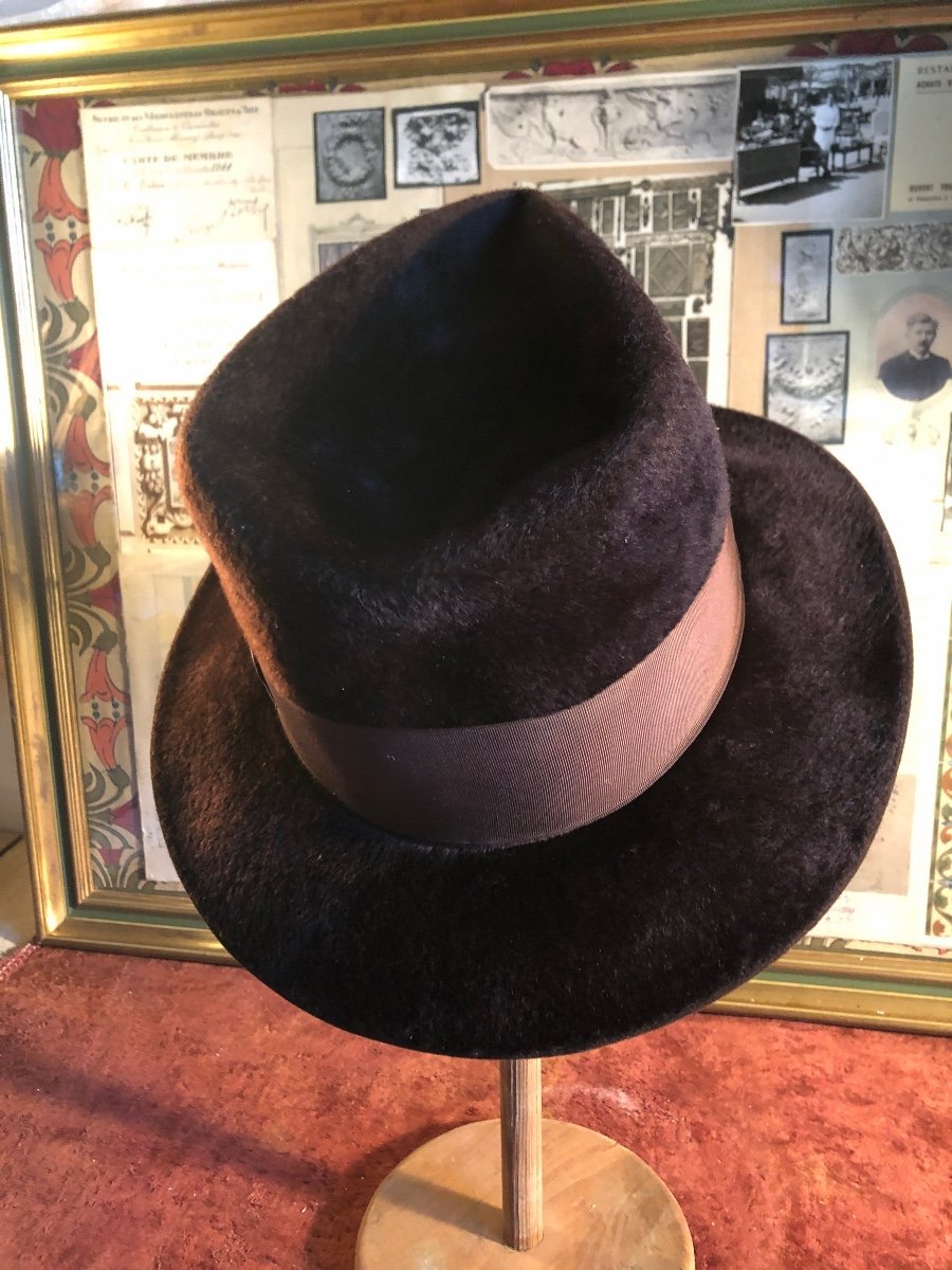 Chapeau En Taupe Marron Style Borsalino. Taille 54/55 -photo-2