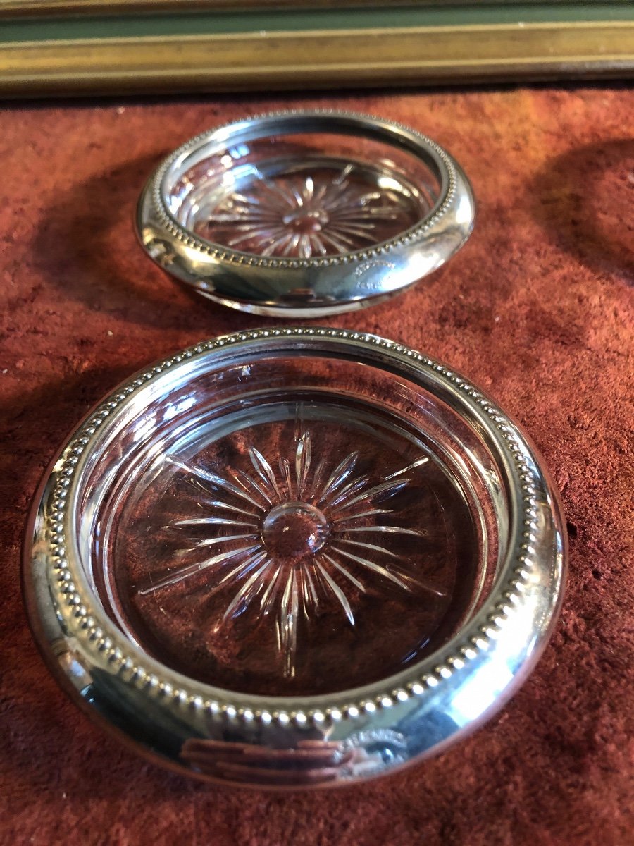 Bottle Coasters (x4) Crystal And Silver-plated Metal Ring-photo-2