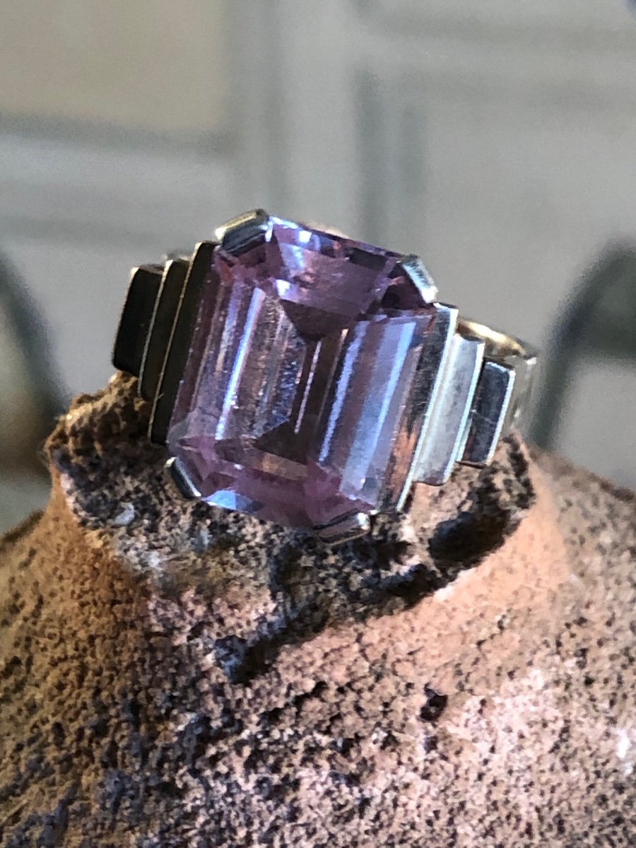 Silver Ring From The 1940s. Synthetic Pink Sapphire Stone -photo-2