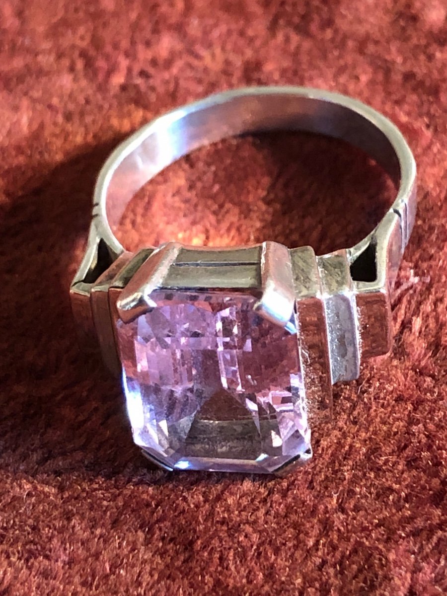 Silver Ring From The 1940s. Synthetic Pink Sapphire Stone -photo-2