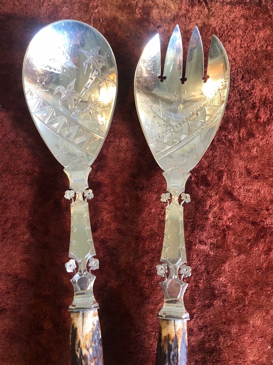 Serving Cutlery In Chiseled Silver Metal, Deer Antler Handles. Monograms. -photo-3