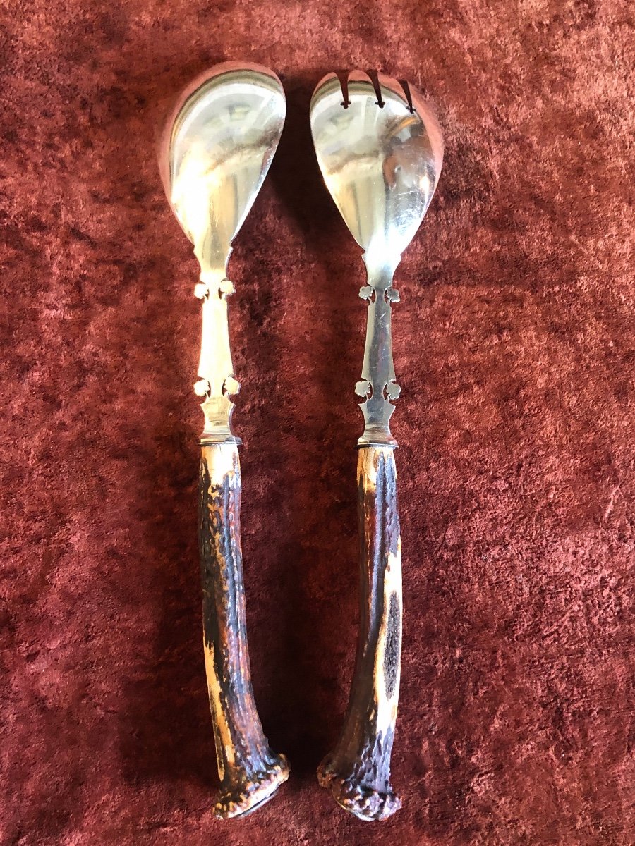 Serving Cutlery In Chiseled Silver Metal, Deer Antler Handles. Monograms. -photo-4