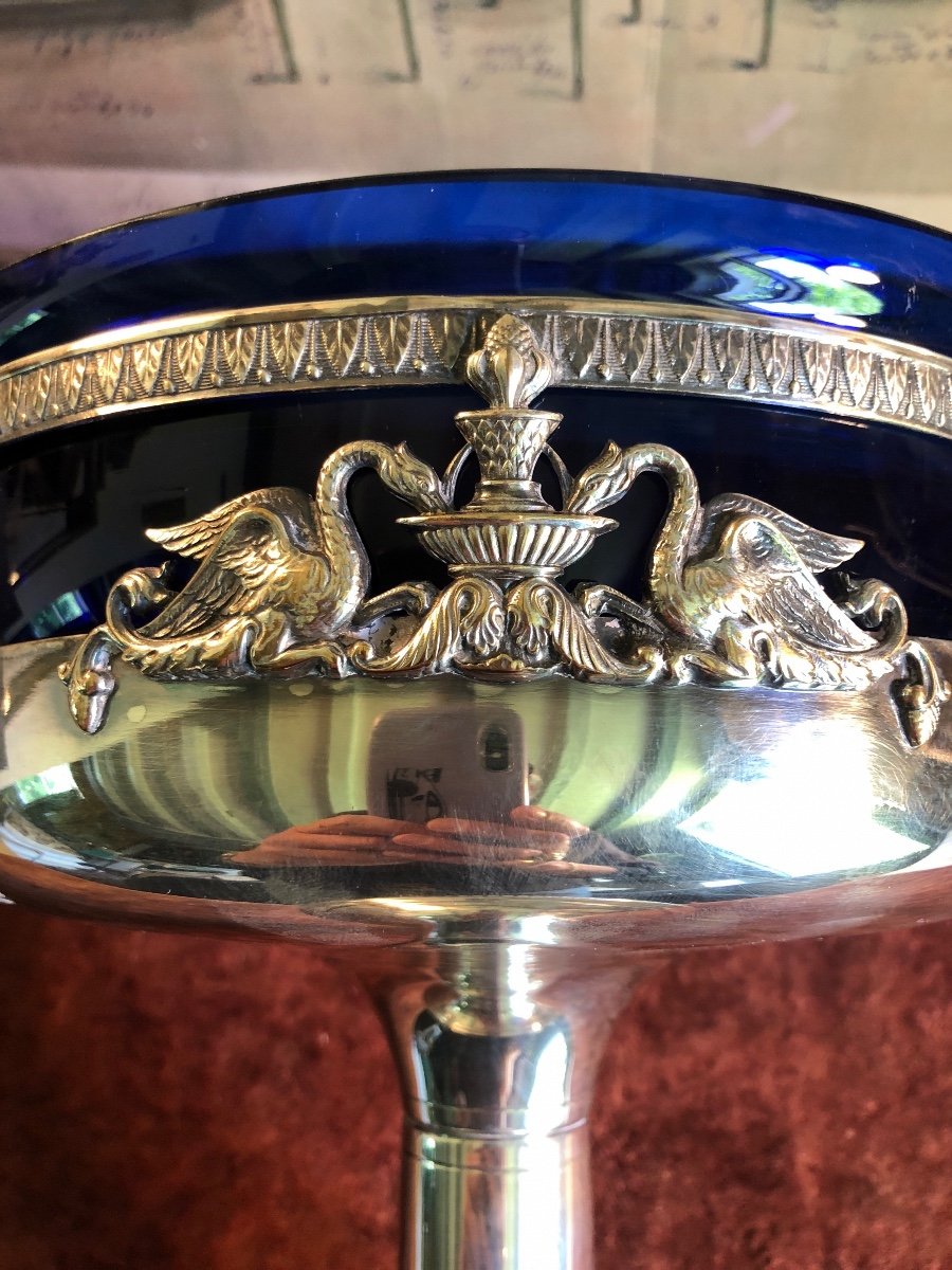 Fruit Bowl On Foot, In Silver Metal, Blue Glass Cup. 19th Century-photo-5