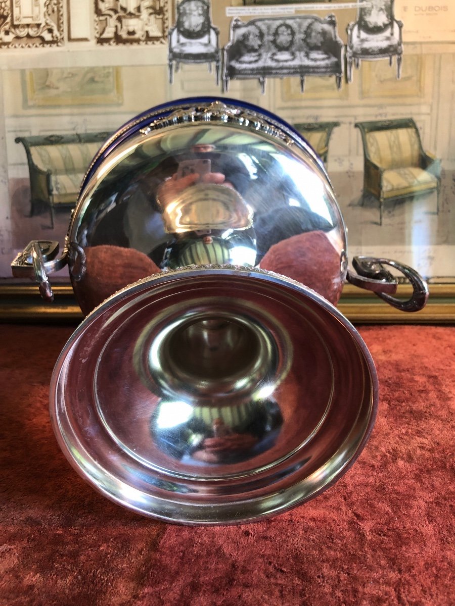 Fruit Bowl On Foot, In Silver Metal, Blue Glass Cup. 19th Century-photo-7