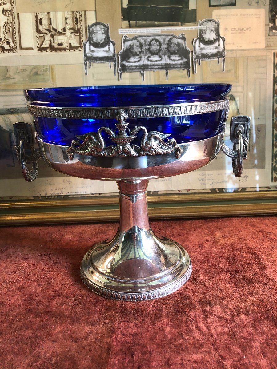 Fruit Bowl On Foot, In Silver Metal, Blue Glass Cup. 19th Century