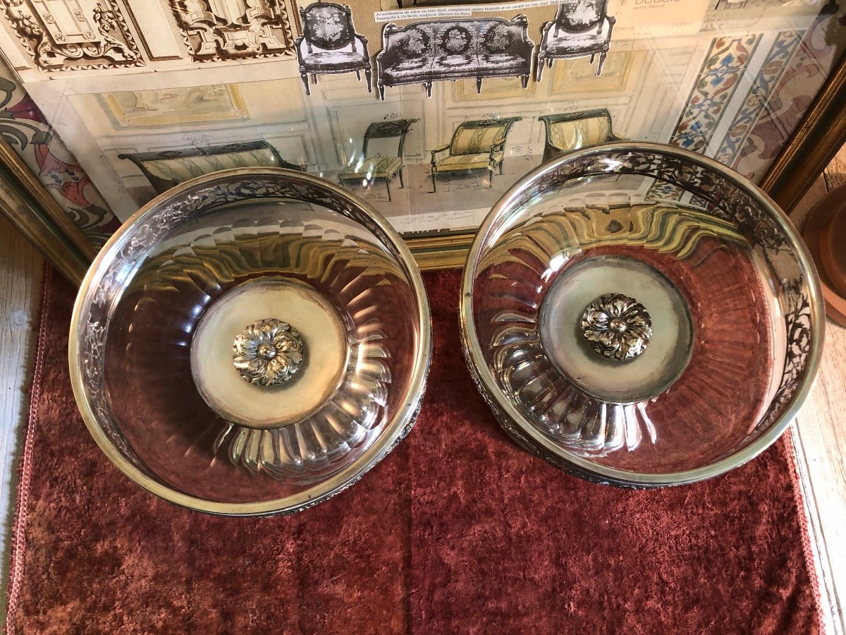 Pair Of Fruit Bowls In Silver Metal And Crystal. 19th Century-photo-3