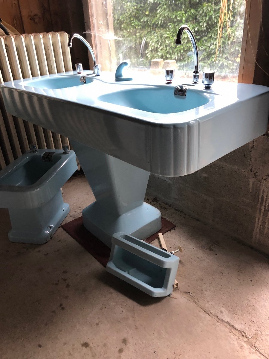 Vintage Double Ceramic Basin Sink, Baby Blue, 1950s -photo-2