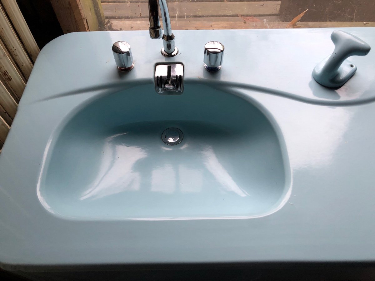 Vintage Double Ceramic Basin Sink, Baby Blue, 1950s -photo-3