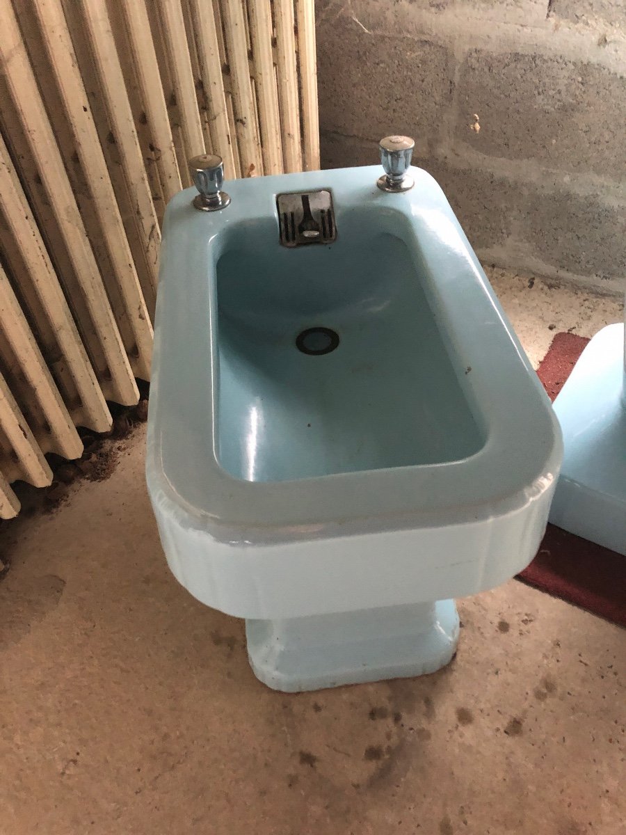 Vintage Double Ceramic Basin Sink, Baby Blue, 1950s -photo-1