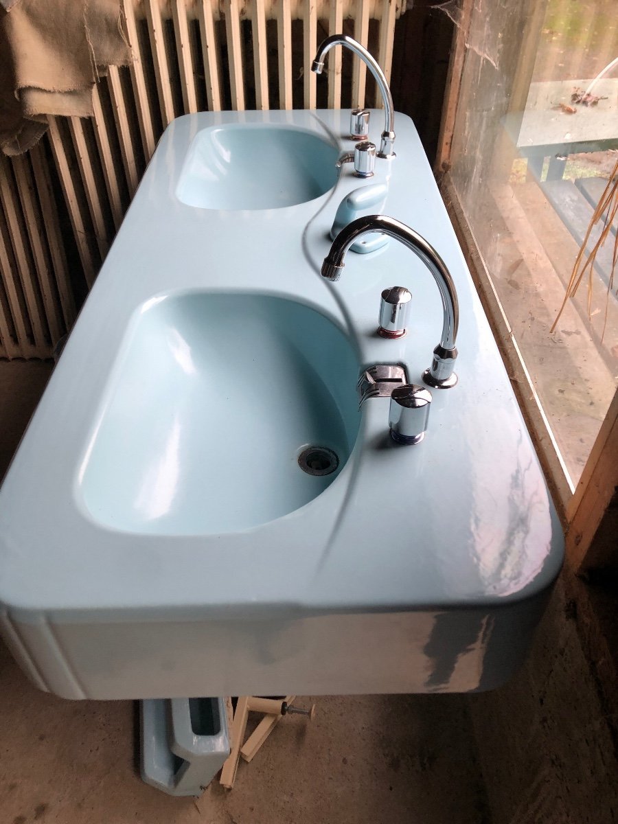 Vintage Double Ceramic Basin Sink, Baby Blue, 1950s -photo-5