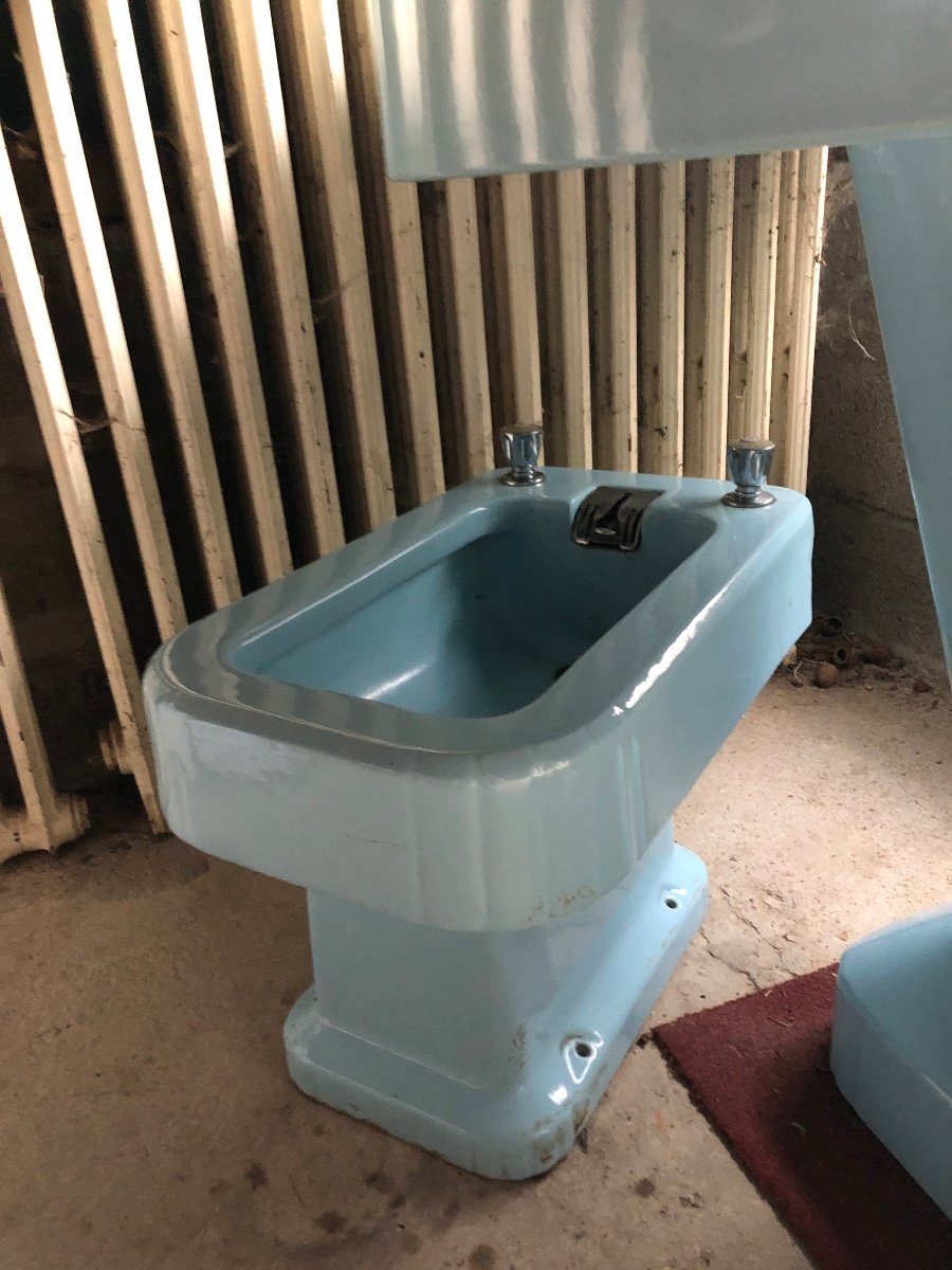 Vintage Double Ceramic Basin Sink, Baby Blue, 1950s -photo-8