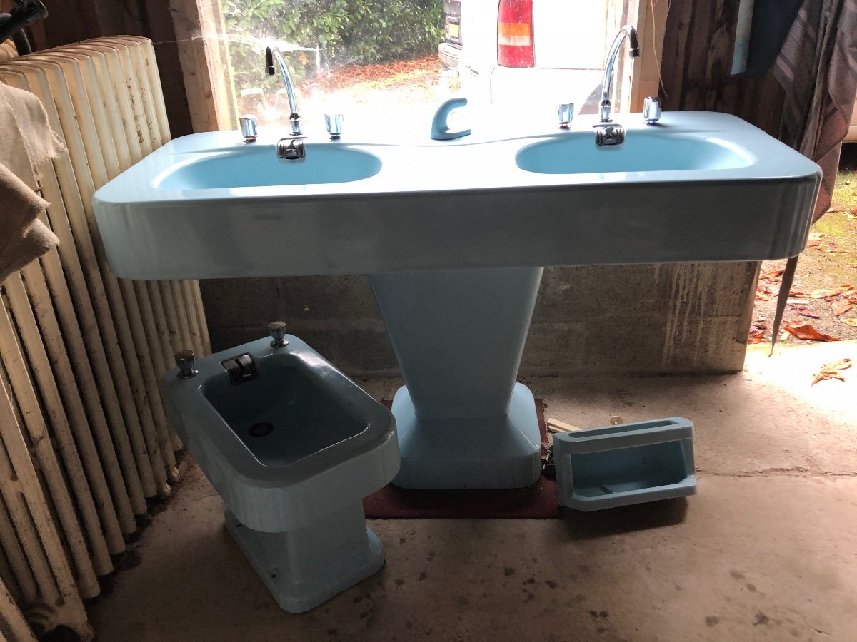 Vintage Double Ceramic Basin Sink, Baby Blue, 1950s 