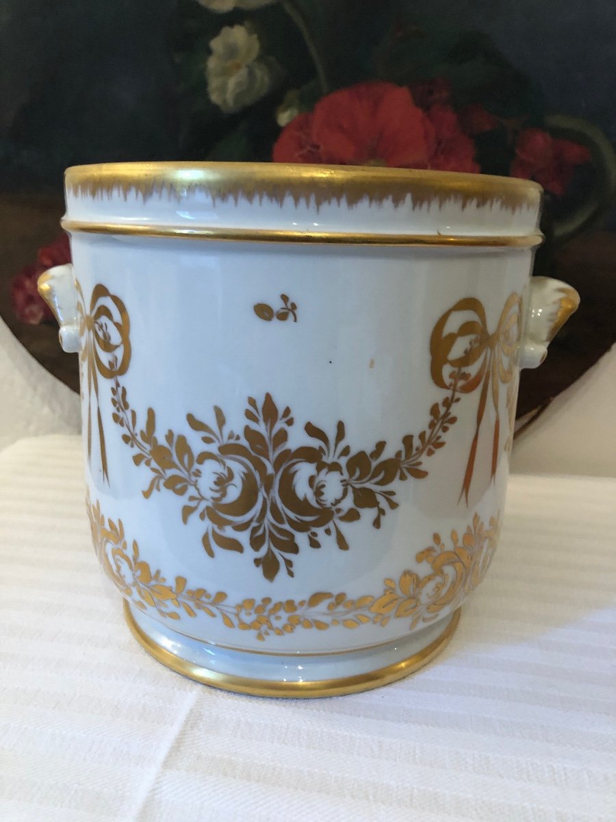 Porcelain Cache Pot Or Cooler. Louis XVI Decor And Gilded With Fine Gold. 19th Century-photo-2