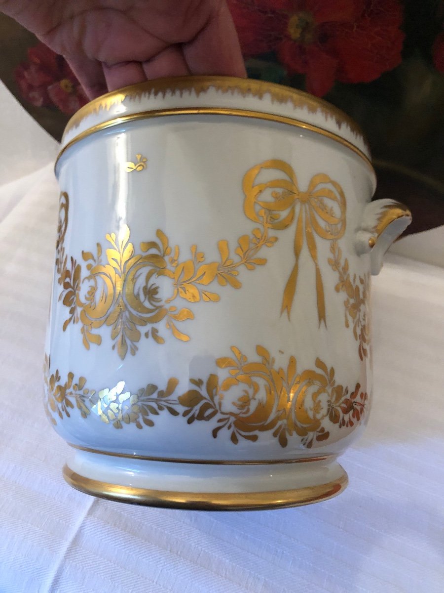 Porcelain Cache Pot Or Cooler. Louis XVI Decor And Gilded With Fine Gold. 19th Century-photo-3