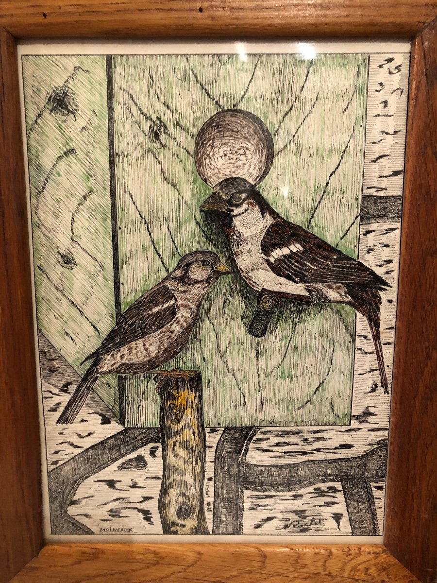 Dessins ( X2) Oiseaux De Nos Jardins, Réalisé Au Crayon, Avec Encadrement. -photo-2