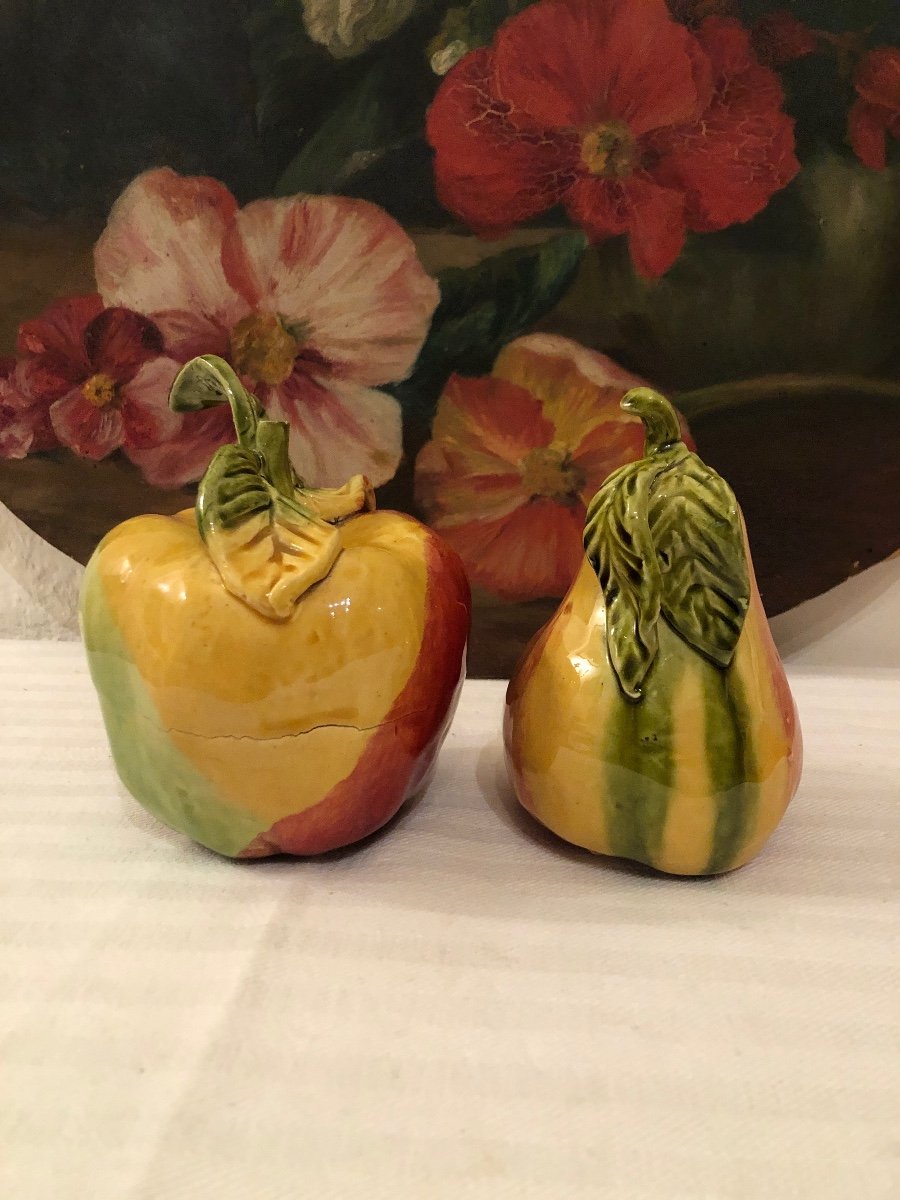 Decorative Fruits In Glazed Terracotta. Apple & Pear. Decorative Objects Early 20th Century -photo-2