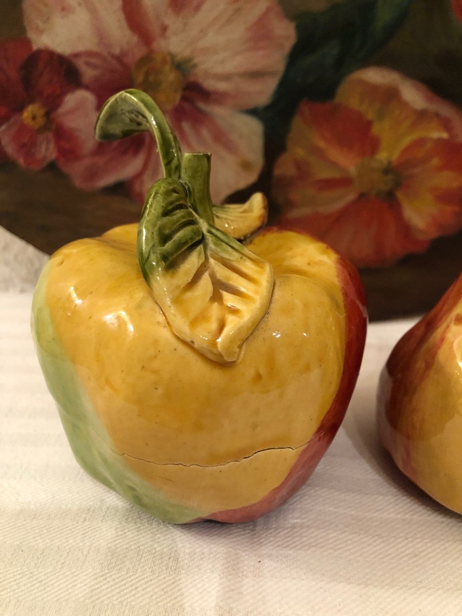 Decorative Fruits In Glazed Terracotta. Apple & Pear. Decorative Objects Early 20th Century -photo-3