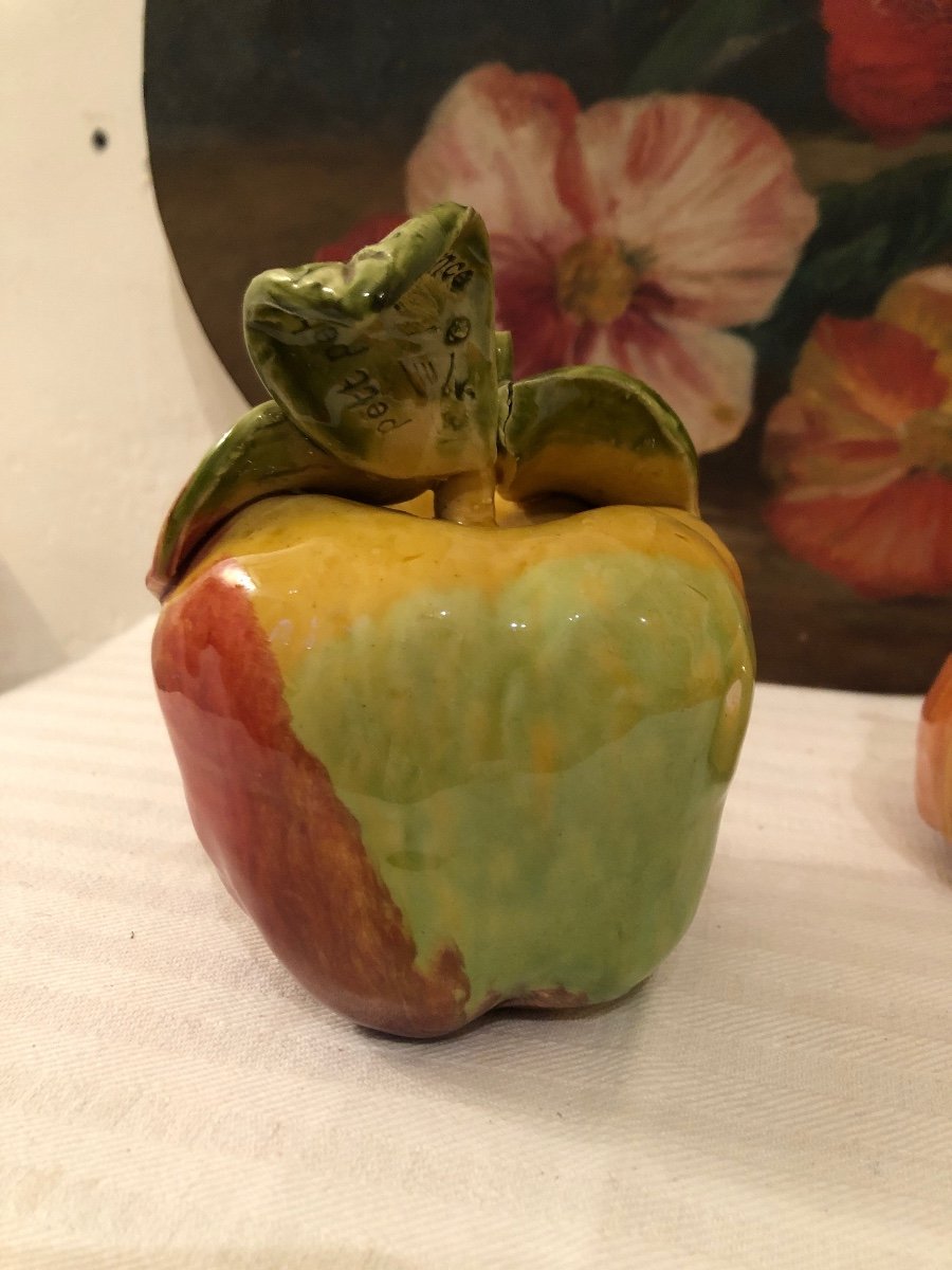 Decorative Fruits In Glazed Terracotta. Apple & Pear. Decorative Objects Early 20th Century -photo-1