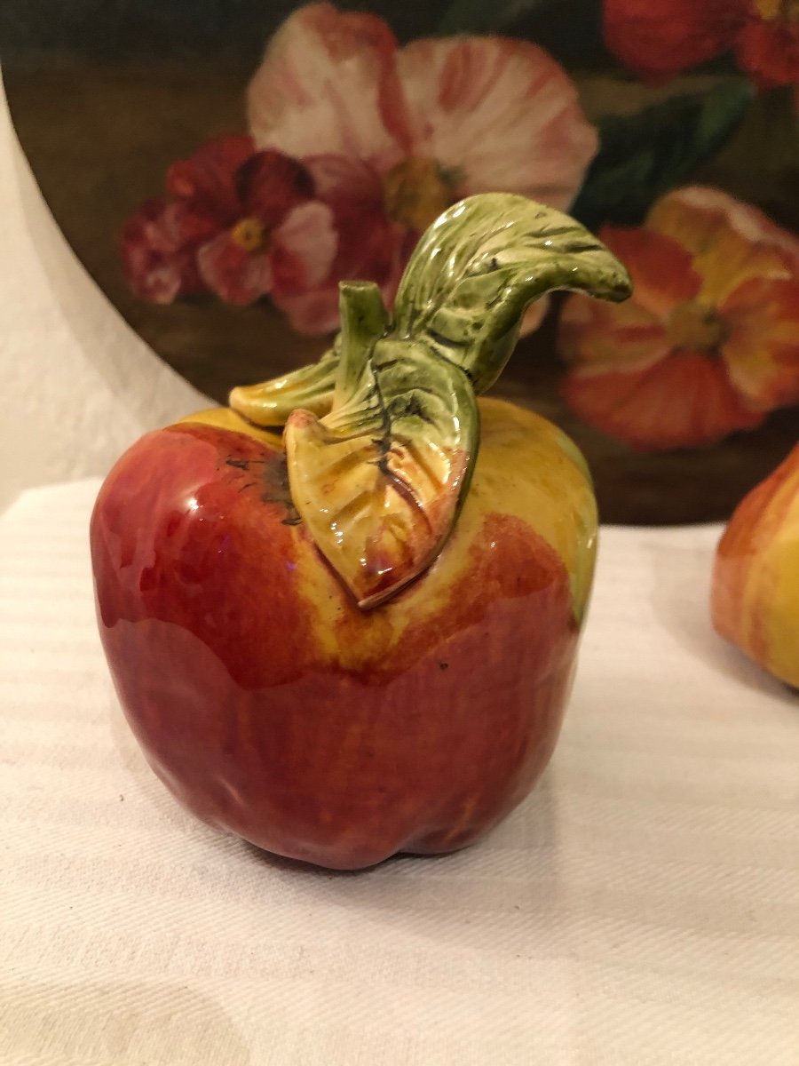 Decorative Fruits In Glazed Terracotta. Apple & Pear. Decorative Objects Early 20th Century -photo-2