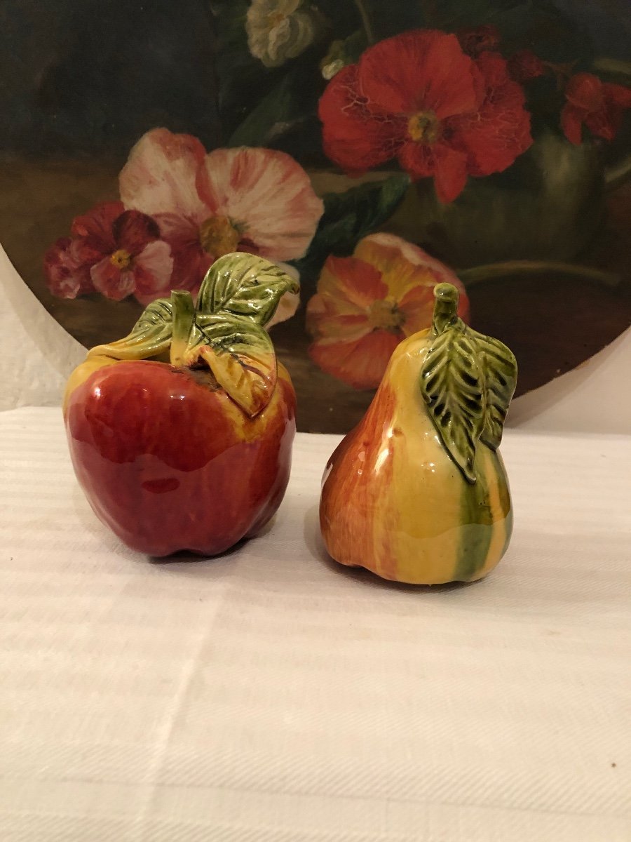 Decorative Fruits In Glazed Terracotta. Apple & Pear. Decorative Objects Early 20th Century -photo-6