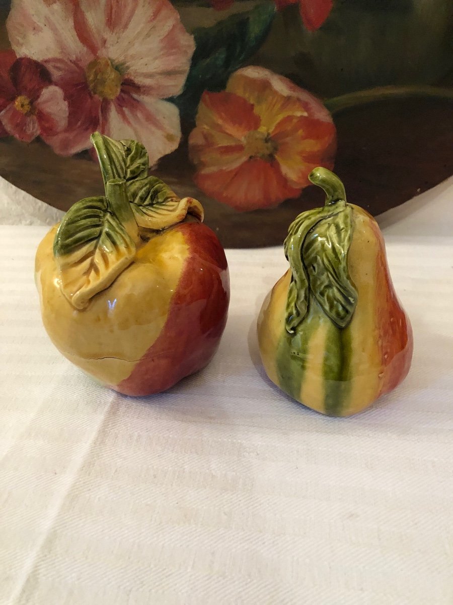 Decorative Fruits In Glazed Terracotta. Apple & Pear. Decorative Objects Early 20th Century 