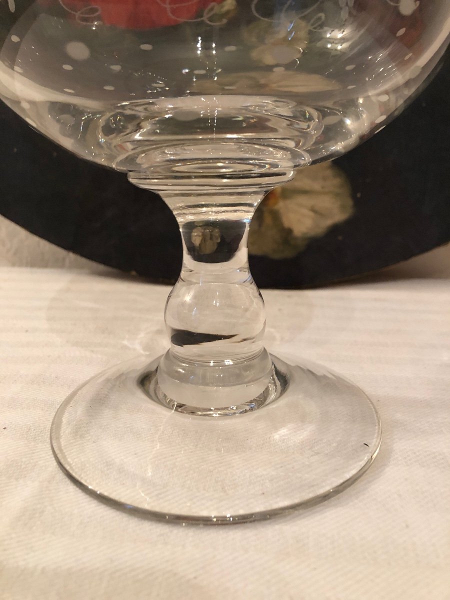 Large Stemmed Glass, Chiseled, Called Wedding Glass, Bunches Of Grapes, Cognac Shape. Early 20th Century -photo-2