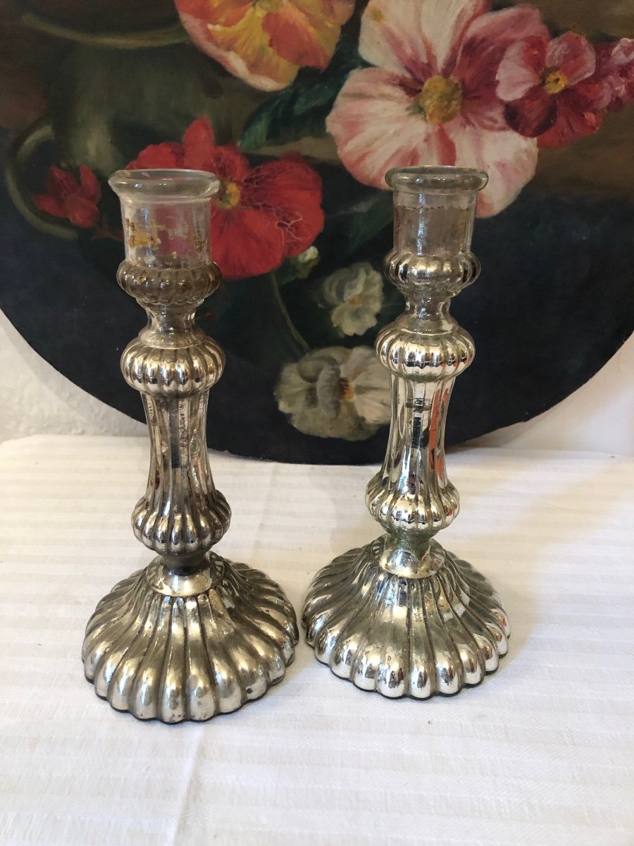 Pair Of Eglomise Glass Candlesticks. 19th Century -photo-5