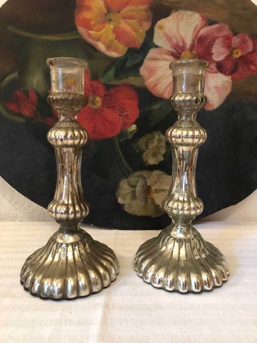 Pair Of Eglomise Glass Candlesticks. 19th Century 