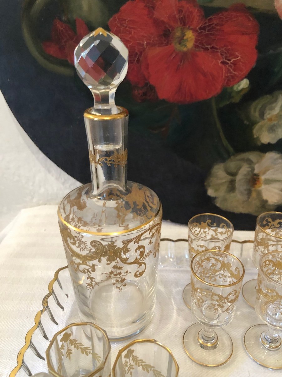 St Louis Liqueur Service. Decanters, Stemmed Glasses And Small Mugs. Gold Decor. 19th Century -photo-6