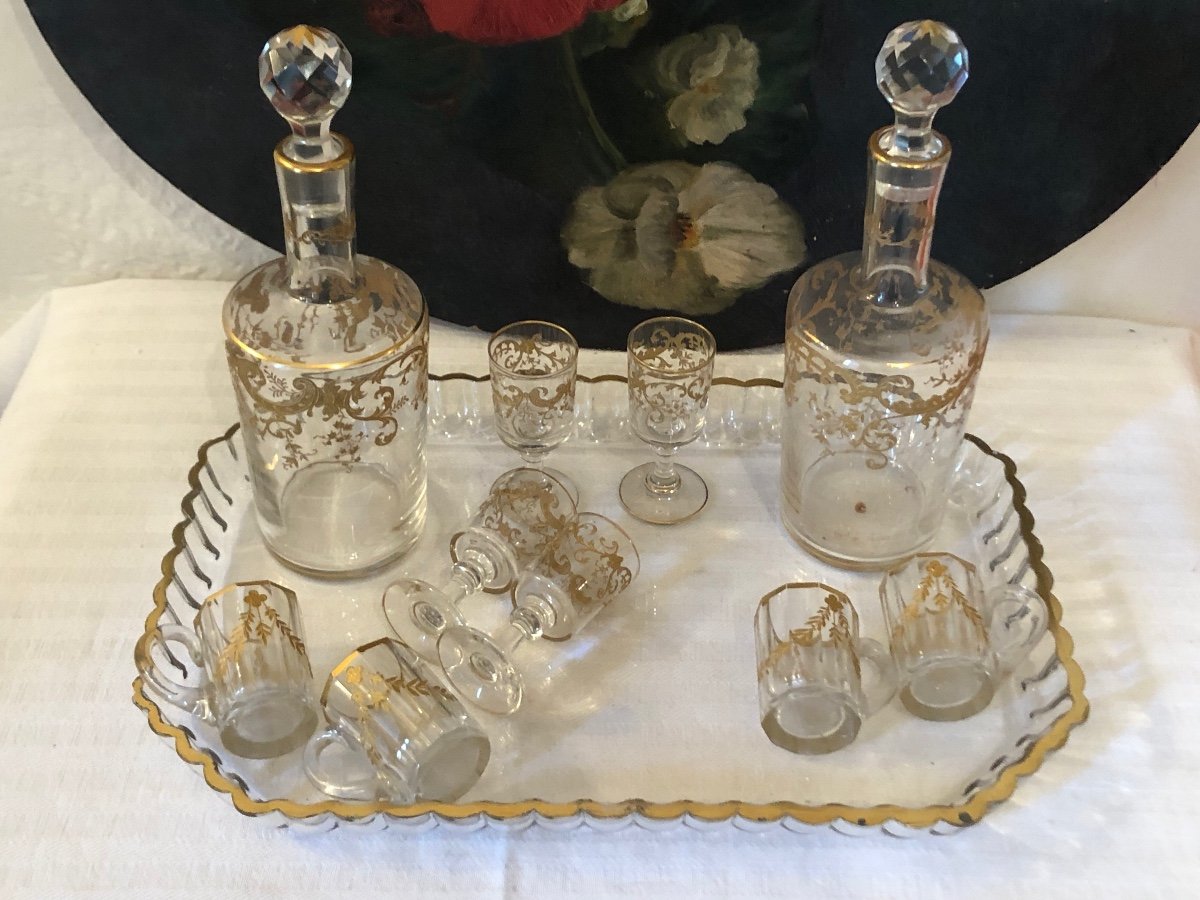 St Louis Liqueur Service. Decanters, Stemmed Glasses And Small Mugs. Gold Decor. 19th Century -photo-7