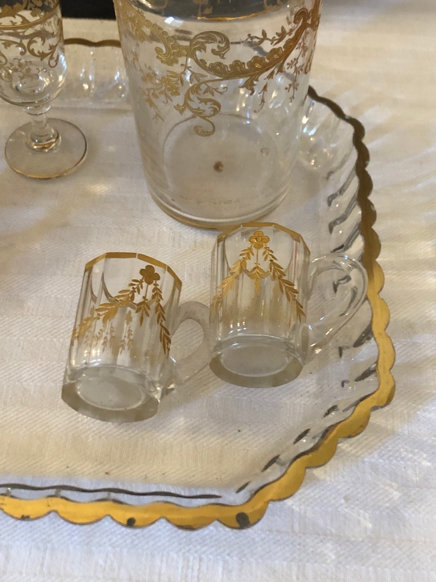 St Louis Liqueur Service. Decanters, Stemmed Glasses And Small Mugs. Gold Decor. 19th Century -photo-8