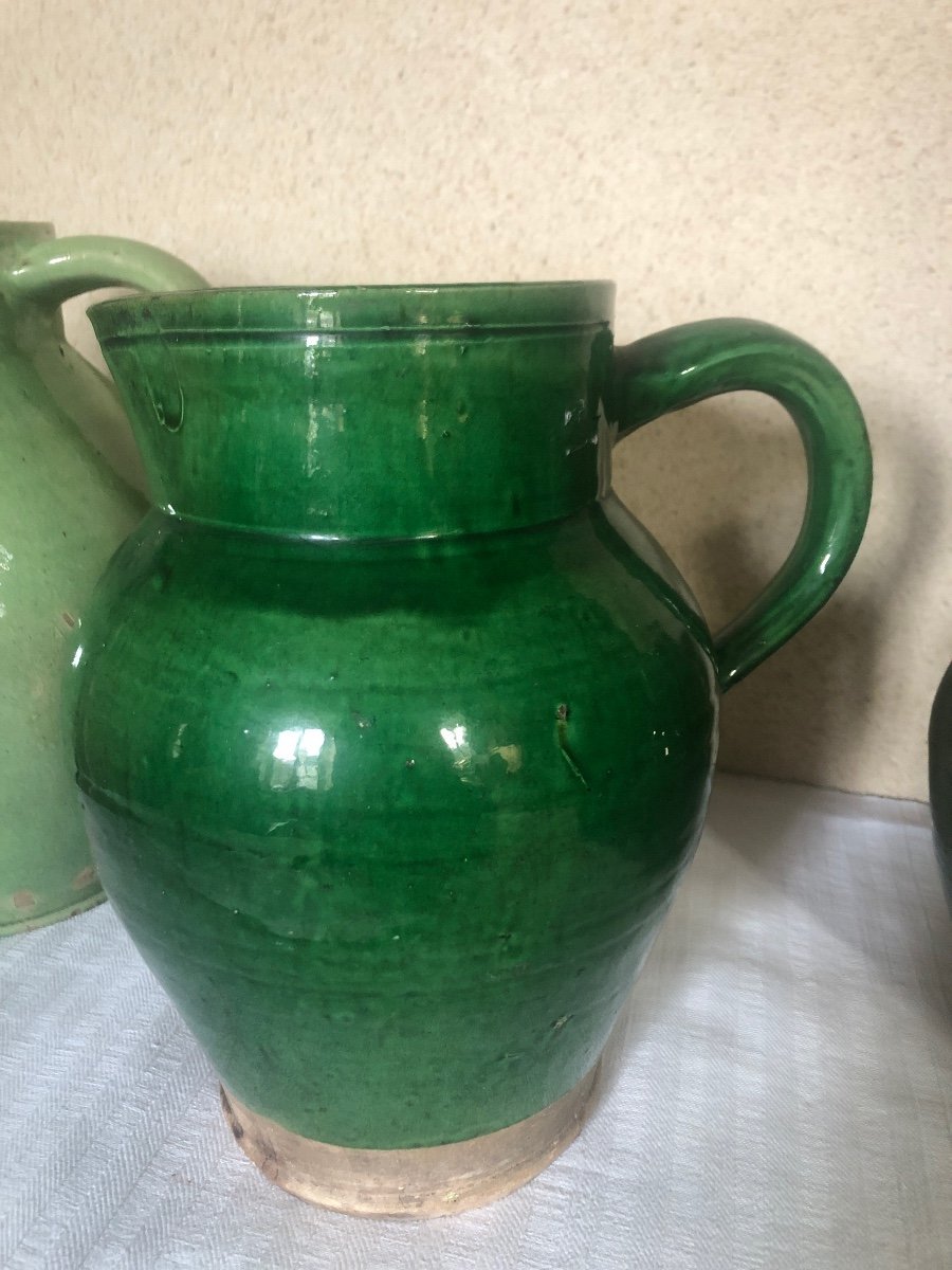 Pitchers, Milk Jugs (x4) In Green Glazed Earthenware. 19th And 20th Century. Sarthe Pottery -photo-4