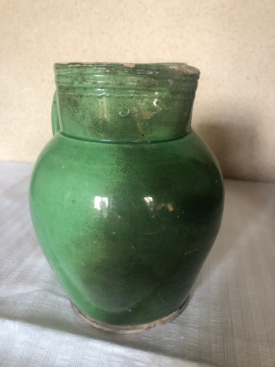 Pitchers, Milk Jugs (x4) In Green Glazed Earthenware. 19th And 20th Century. Sarthe Pottery -photo-1