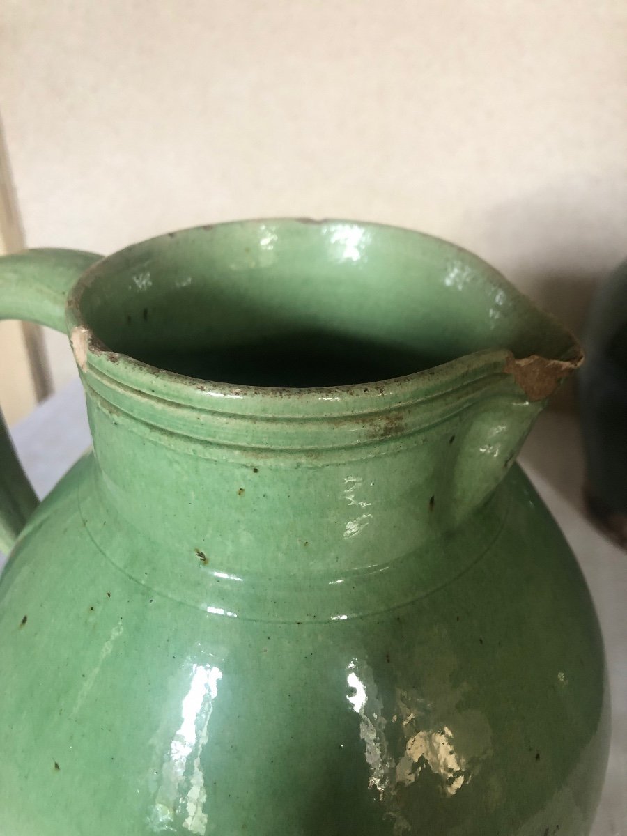 Pitchers, Milk Jugs (x4) In Green Glazed Earthenware. 19th And 20th Century. Sarthe Pottery -photo-4